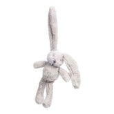 Plush white rabbit rattle with long ears, designed for infants. Soft and cuddly, perfect for tiny hands to grasp.
